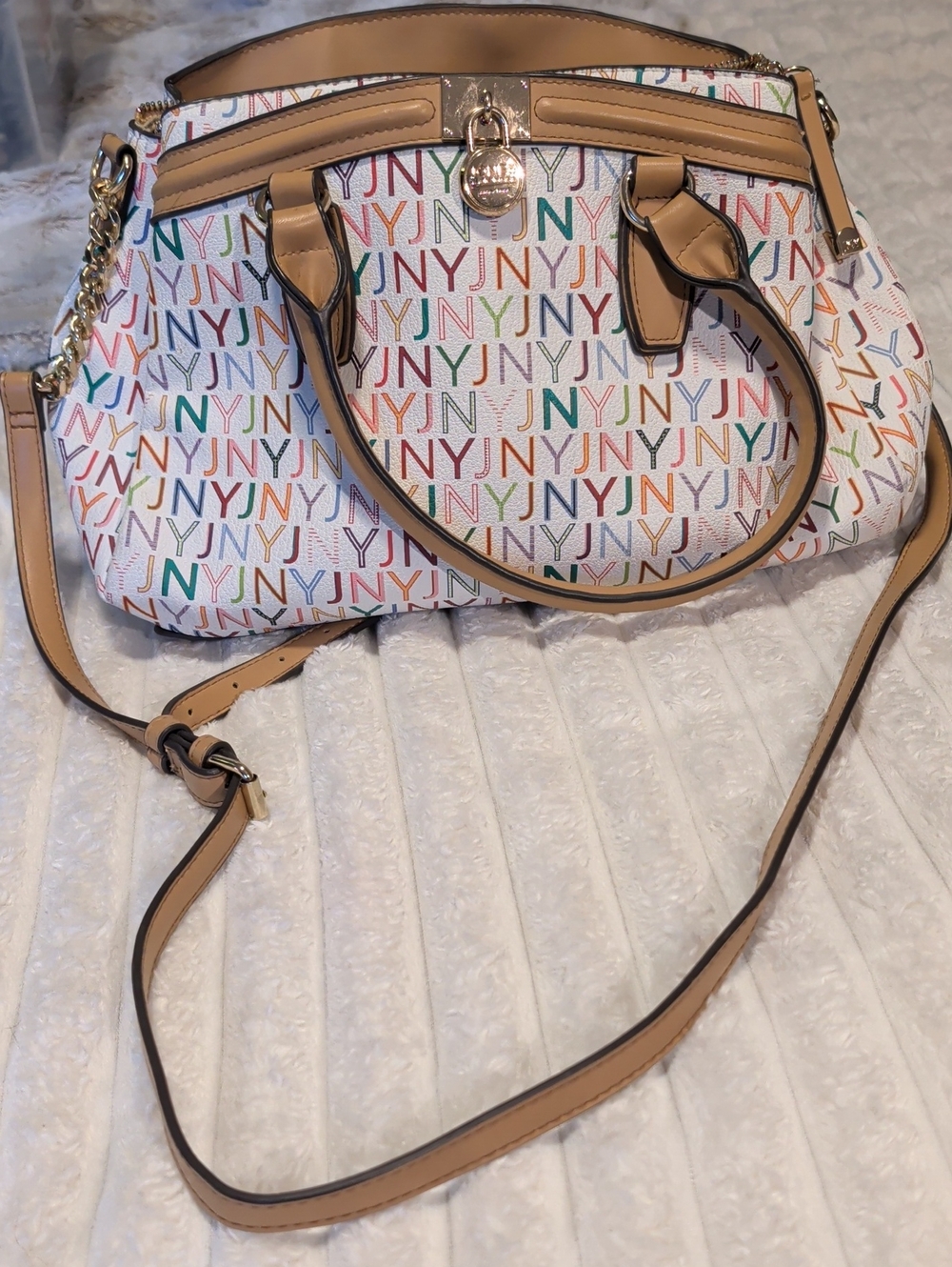 Jones New York White Multicolor Logo Satchel with Tan Trim